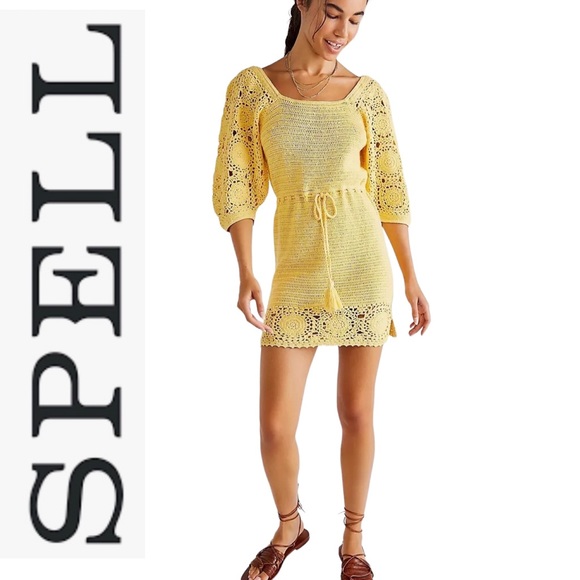 NWT Spell Let The Sunshine In Crochet Mini Dress in Lemon s - Picture 2 of 16